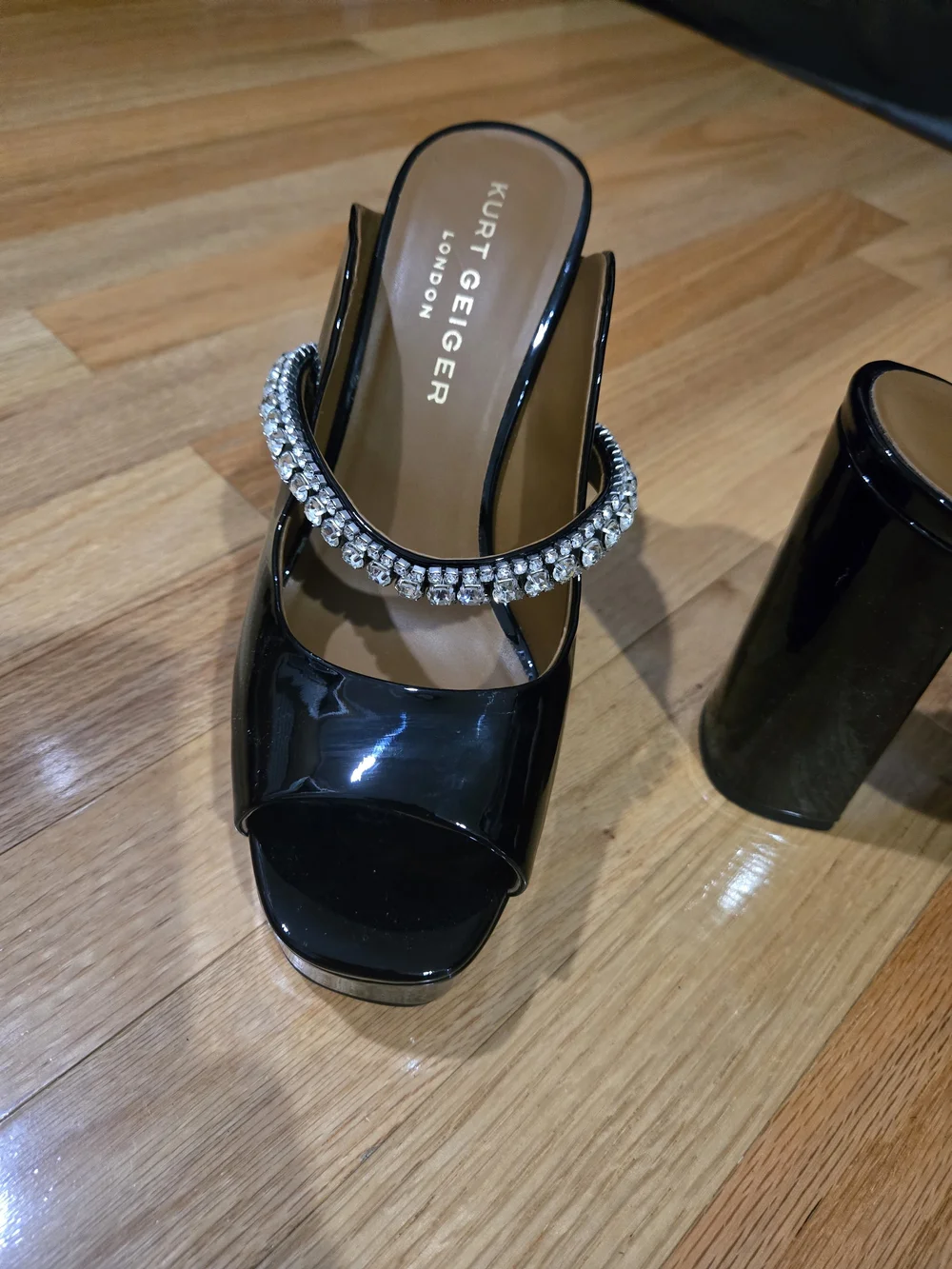 Kurt Geiger Black Patent Block Heel Sandal with Rhinestone Strap